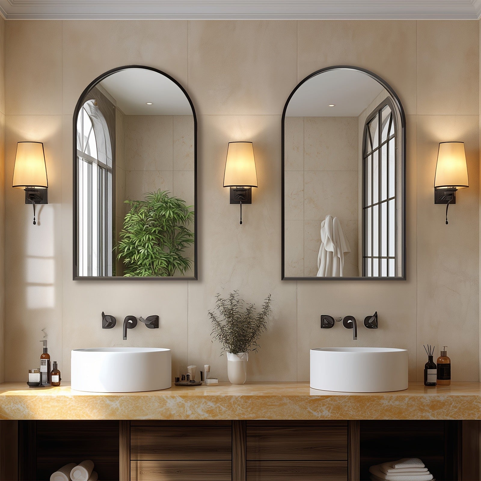 Large Arched Bathroom Mirror | Modern Matte Black Metal Frame Vanity Mirror