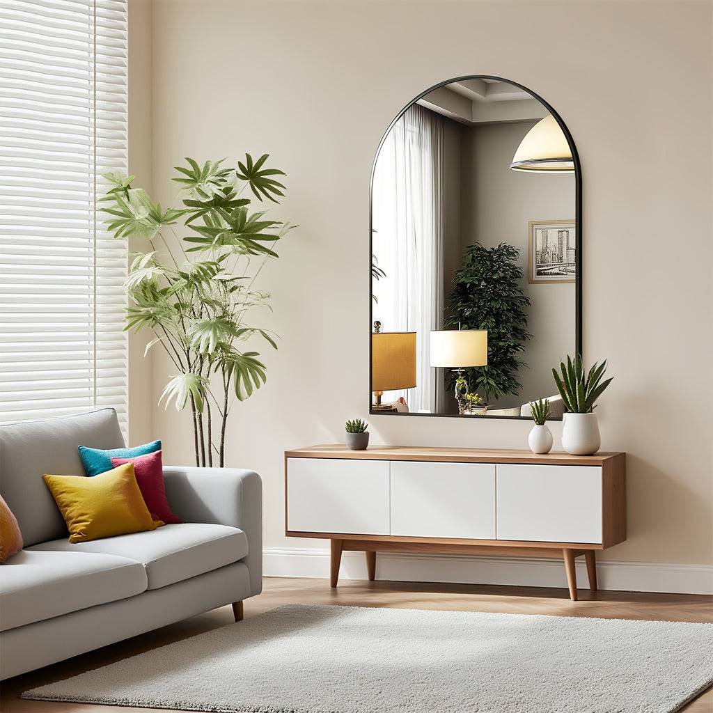 Large Arched Bathroom Mirror | Modern Matte Black Metal Frame Vanity Mirror