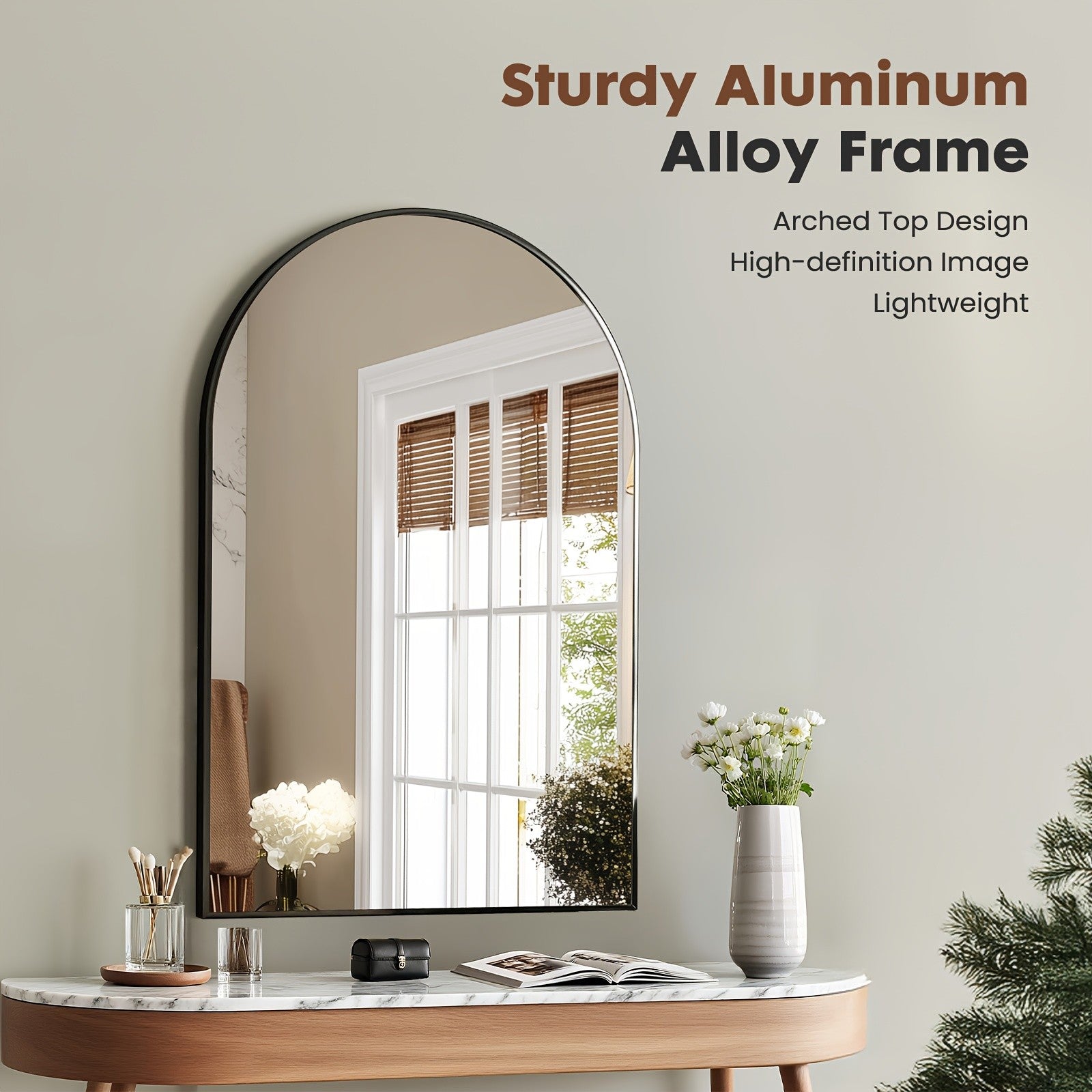 Large Arched Bathroom Mirror | Modern Matte Black Metal Frame Vanity Mirror