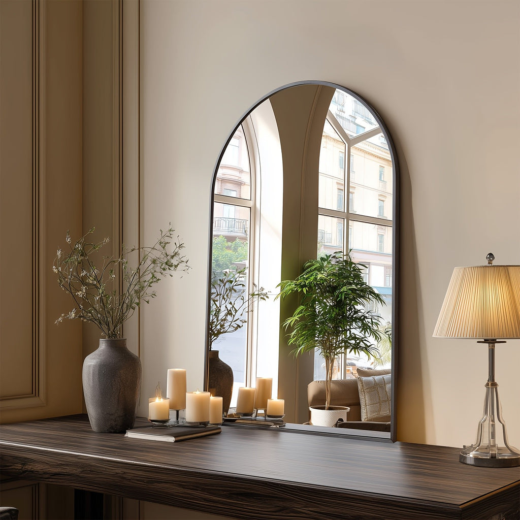 Large Arched Bathroom Mirror | Modern Matte Black Metal Frame Vanity Mirror