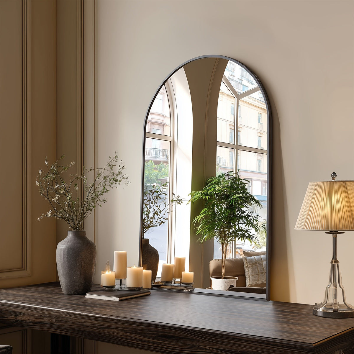 Large Arched Bathroom Mirror | Modern Matte Black Metal Frame Vanity Mirror
