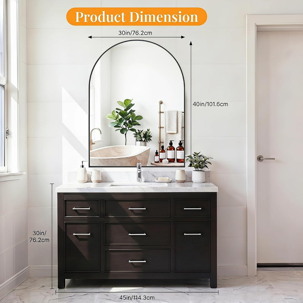 Large Arched Bathroom Mirror | Modern Matte Black Metal Frame Vanity Mirror