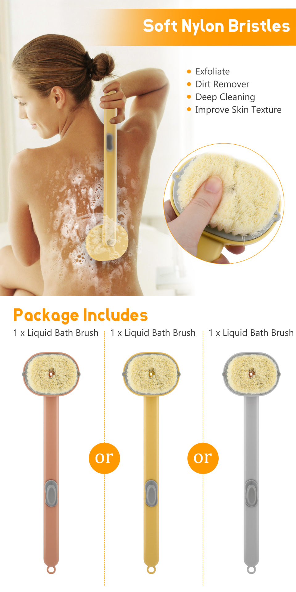 Back Scrubber Long Handle Bath Brush Liquid Soap Dispenser Body Exfoliator
