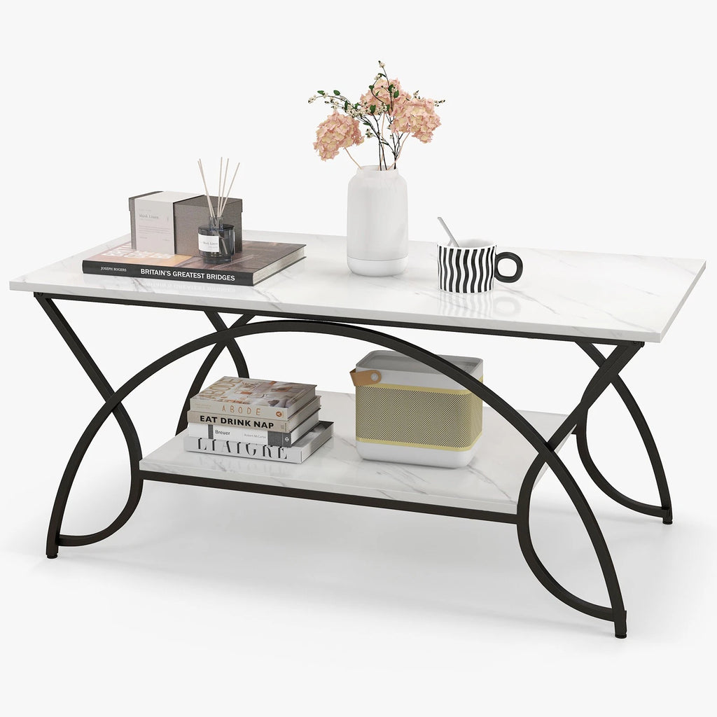 2-Tier Industrial Coffee Table – Rectangular Cocktail Table with Storage Shelf, White