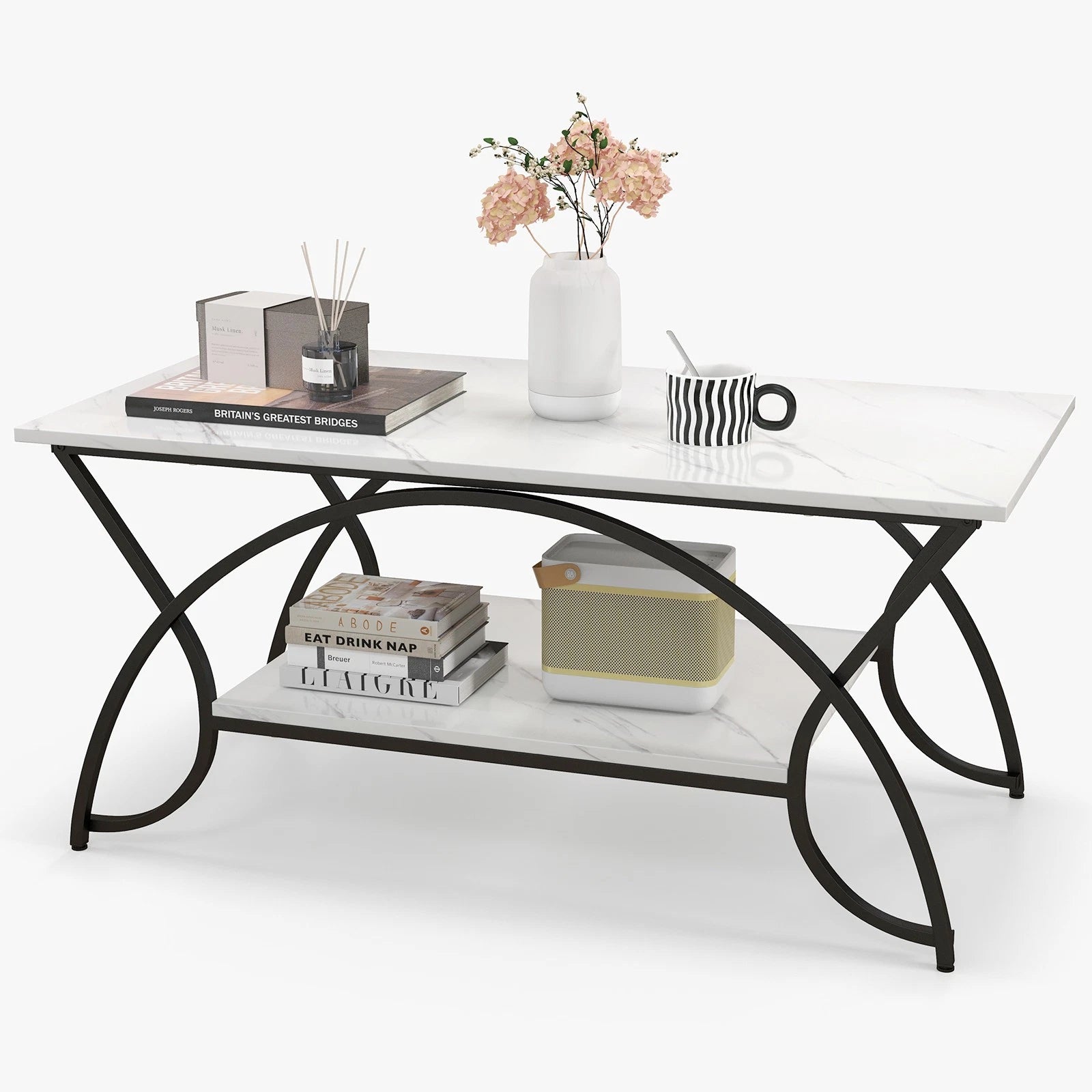 2-Tier Industrial Coffee Table – Rectangular Cocktail Table with Storage Shelf, White