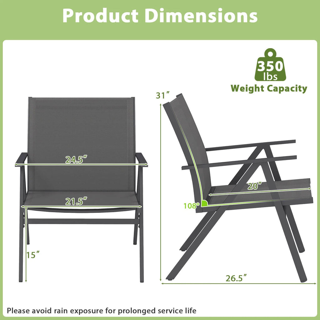 Metal Patio Chairs Set of 2 – Breathable Mesh, Reclined Backrest, Gray