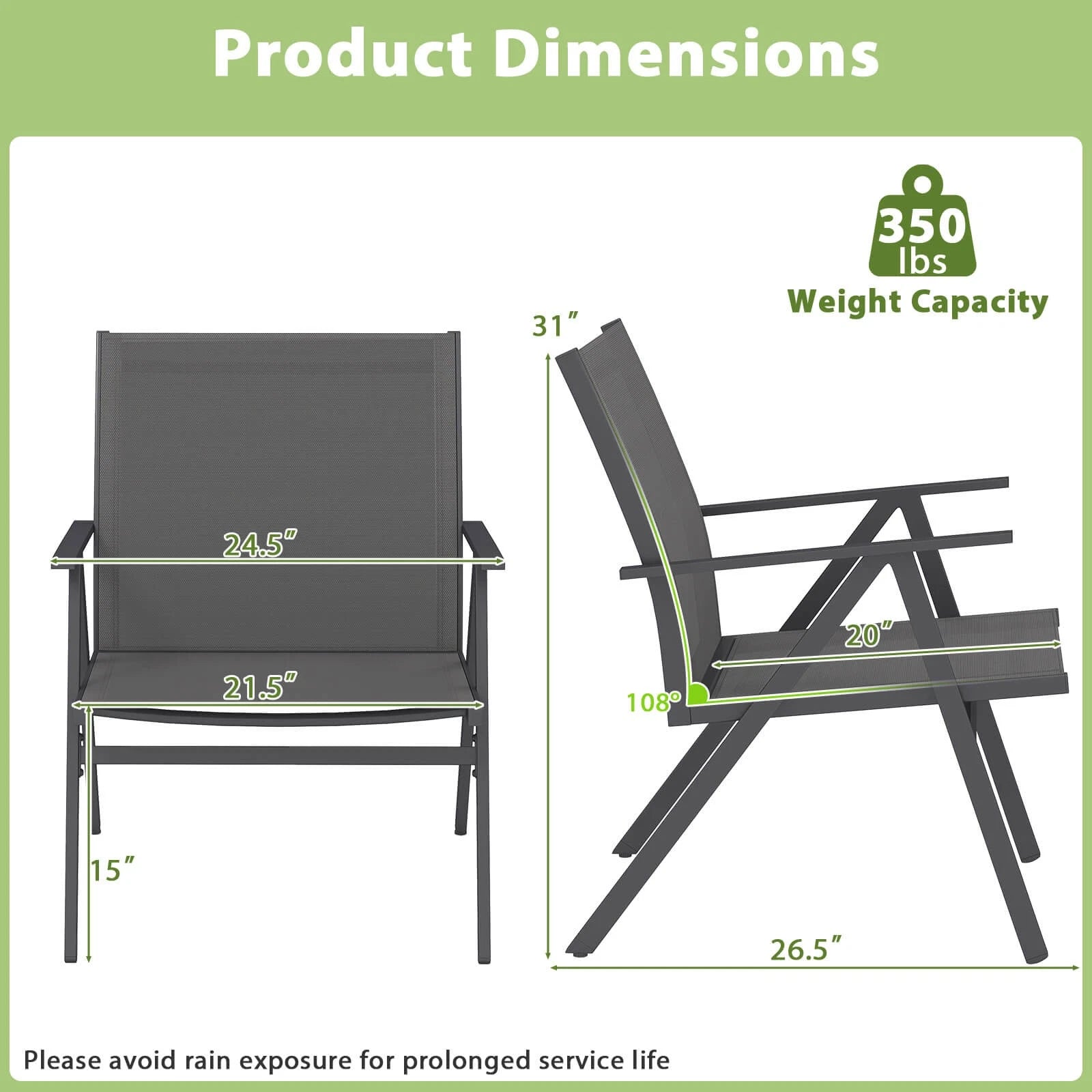 Metal Patio Chairs Set of 2 – Breathable Mesh, Reclined Backrest, Gray