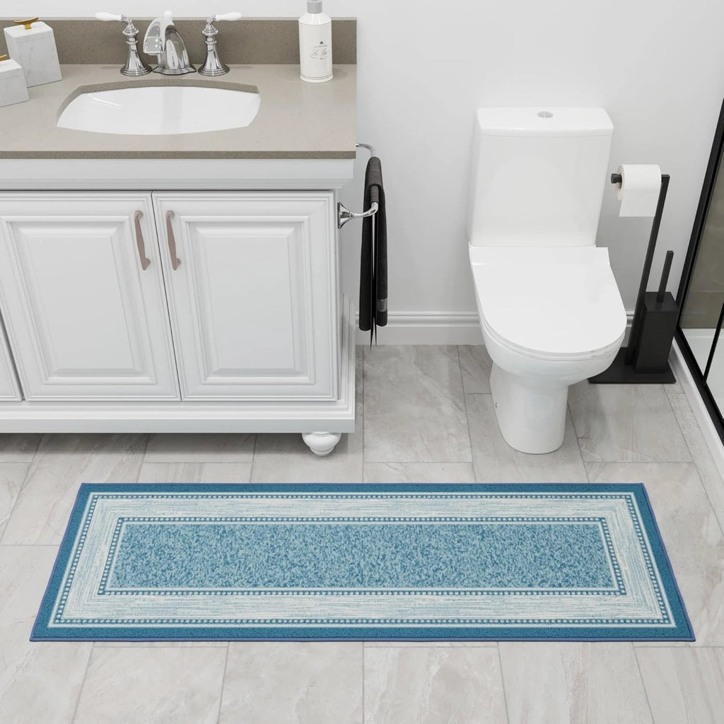 Kitchen Runner Rug 20" x 59" Non-Slip Border Blue Nylon Low Pile Hallway Runner