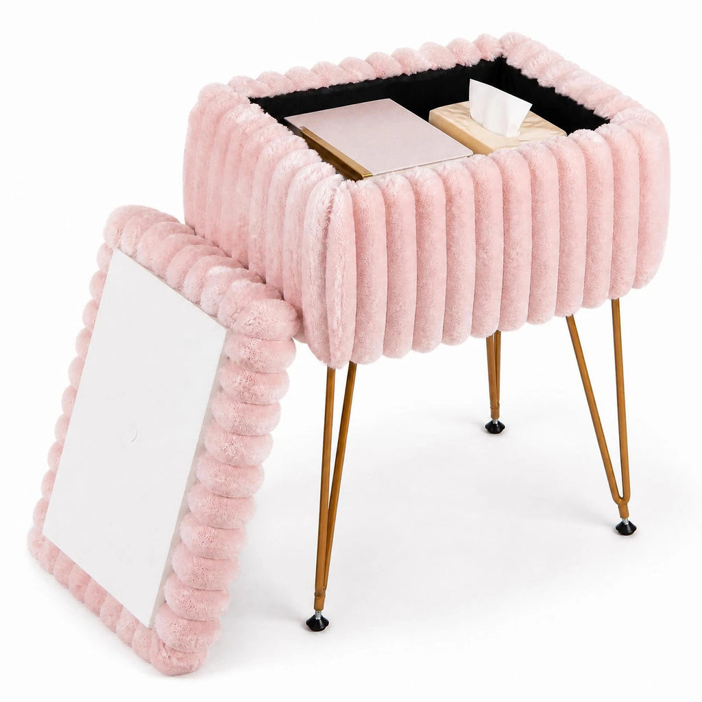 Pink & Gold Vanity Stool with Storage – Plush Seat, Reversible Lid
