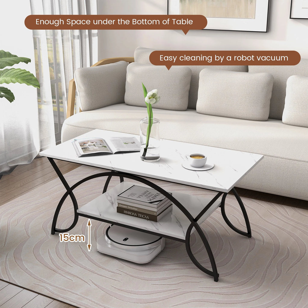 2-Tier Industrial Coffee Table – Rectangular Cocktail Table with Storage Shelf, White