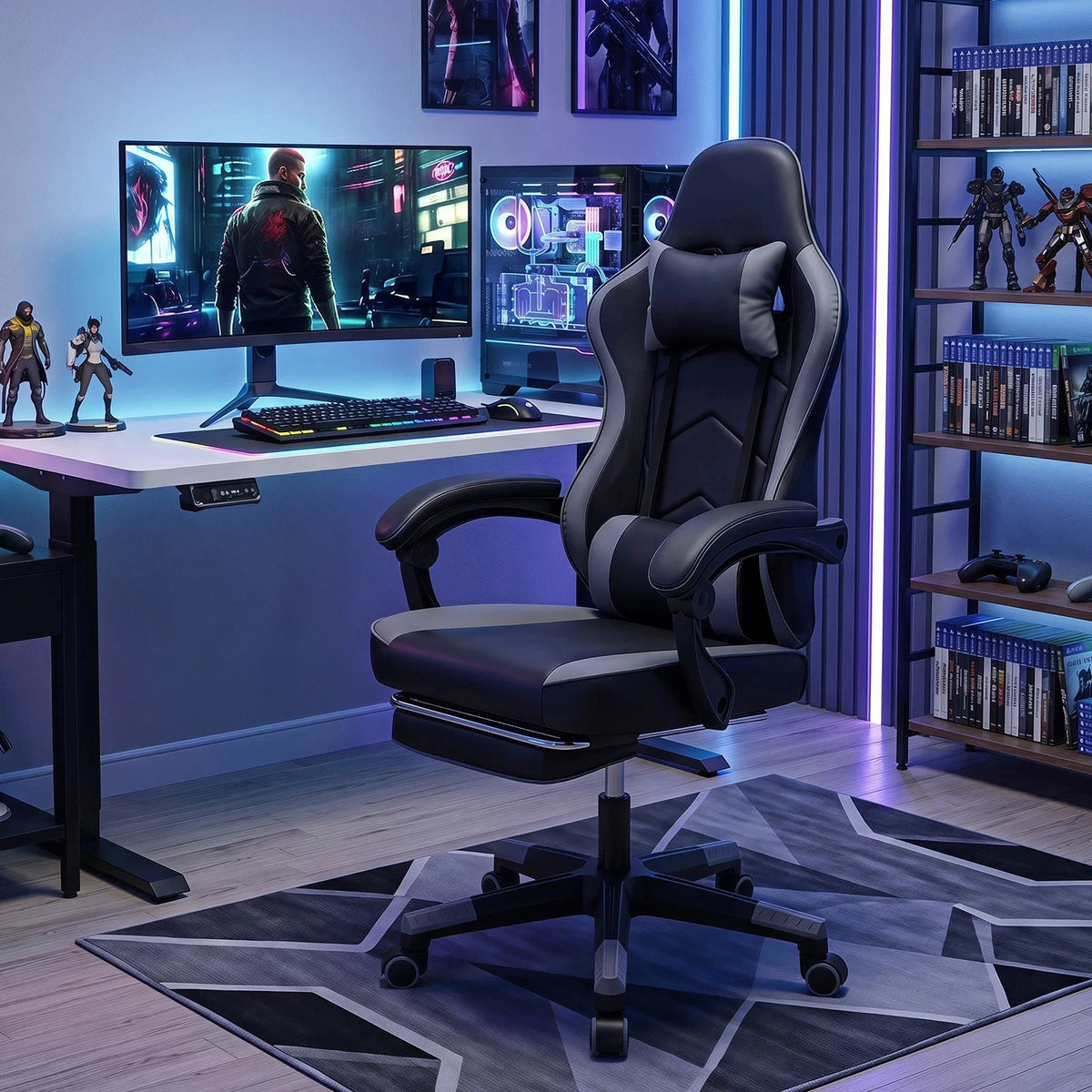 Ergonomic Gaming Office Chair, Reclining w/ Footrest, Headrest & Lumbar Pillow