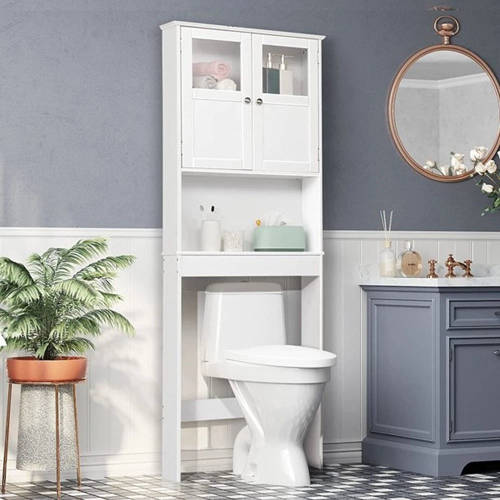 Modern White Freestanding Bathroom Storage Cabinet – Tall Double-Door MDF Organizer with Adjustable Shelves