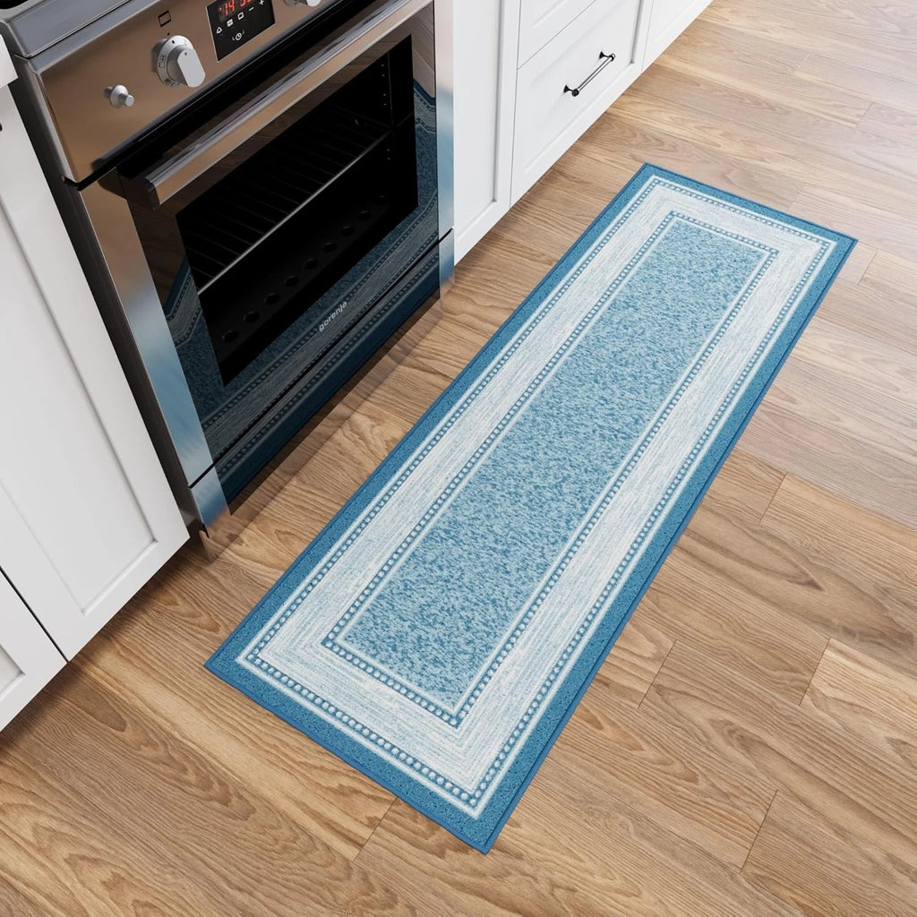 Kitchen Runner Rug 20" x 59" Non-Slip Border Blue Nylon Low Pile Hallway Runner