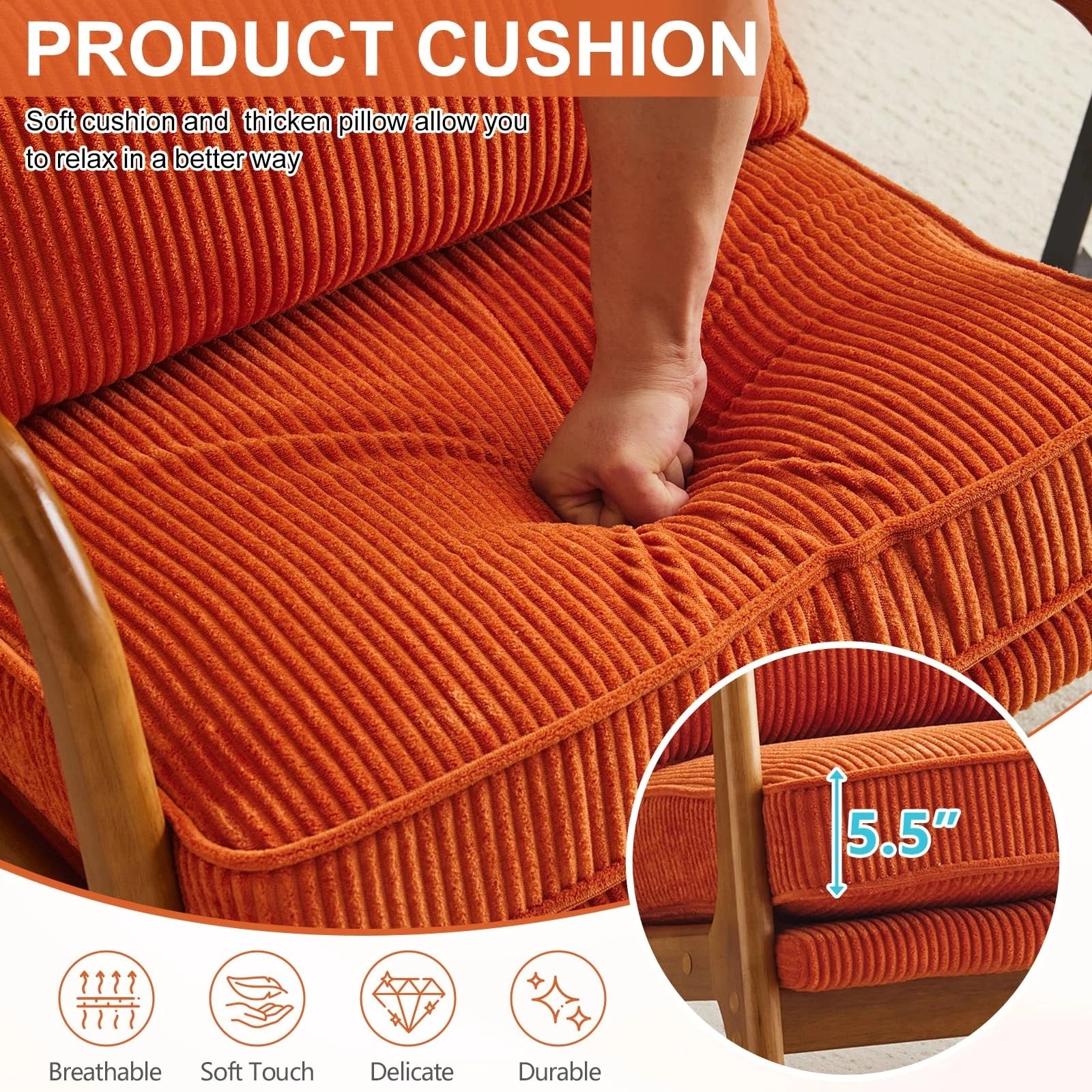 Mid-Century Modern Accent Chair – Corduroy Upholstered Lounge Chair with Curved Wood Arms, Includes Back Pillow,