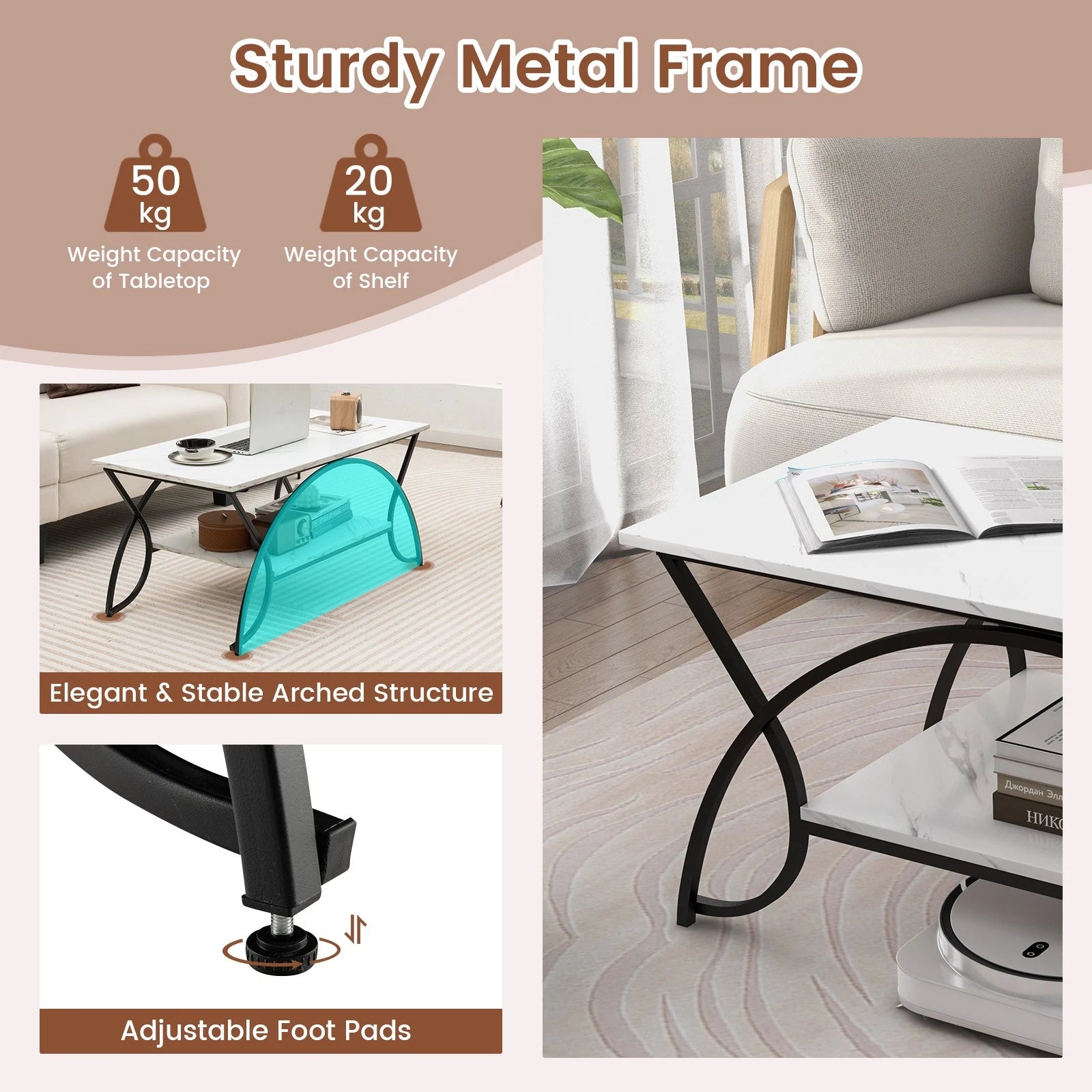2-Tier Industrial Coffee Table – Rectangular Cocktail Table with Storage Shelf, White
