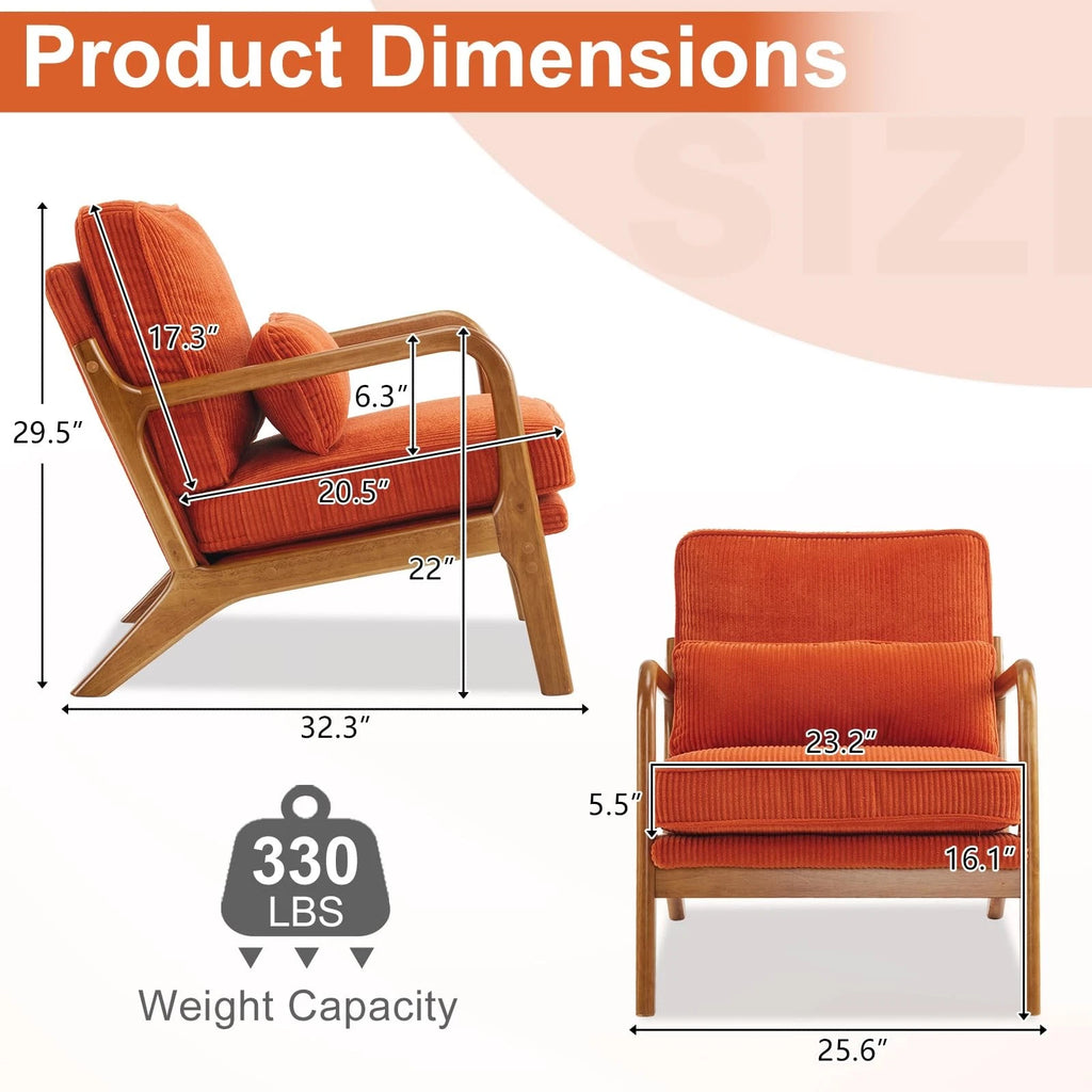 Mid-Century Modern Accent Chair – Corduroy Upholstered Lounge Chair with Curved Wood Arms, Includes Back Pillow,