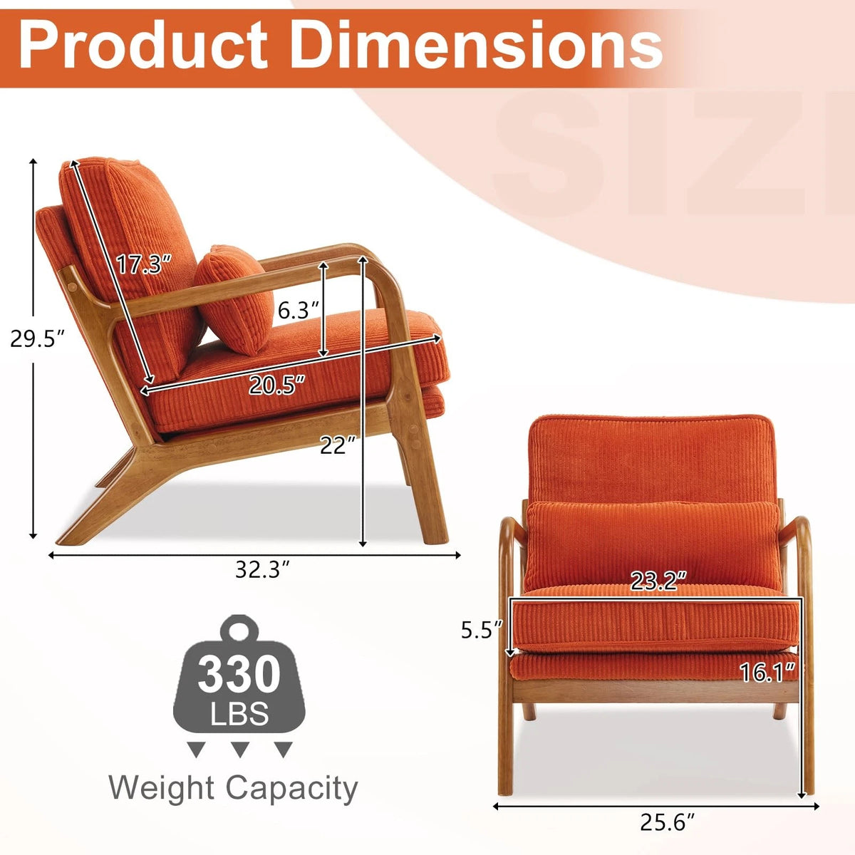 Mid-Century Modern Accent Chair – Corduroy Upholstered Lounge Chair with Curved Wood Arms, Includes Back Pillow,