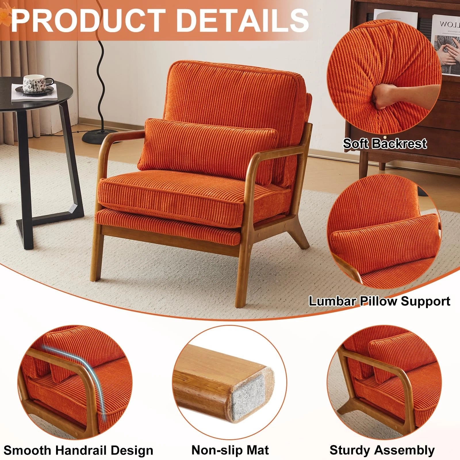 Mid-Century Modern Accent Chair – Corduroy Upholstered Lounge Chair with Curved Wood Arms, Includes Back Pillow,