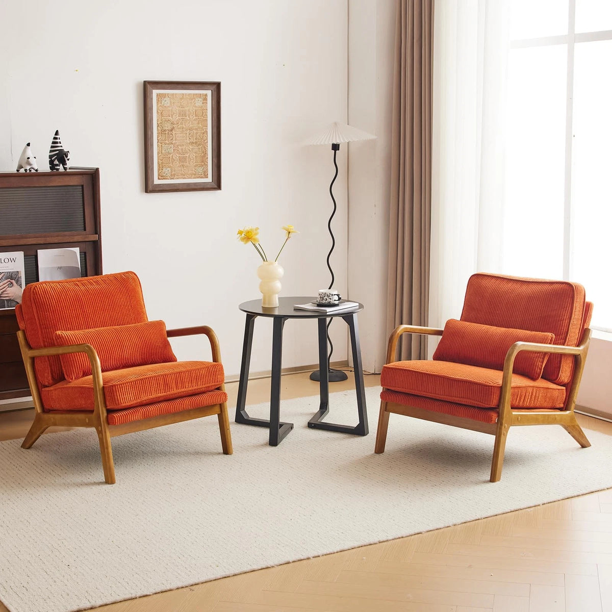 Mid-Century Modern Accent Chair – Corduroy Upholstered Lounge Chair with Curved Wood Arms, Includes Back Pillow,