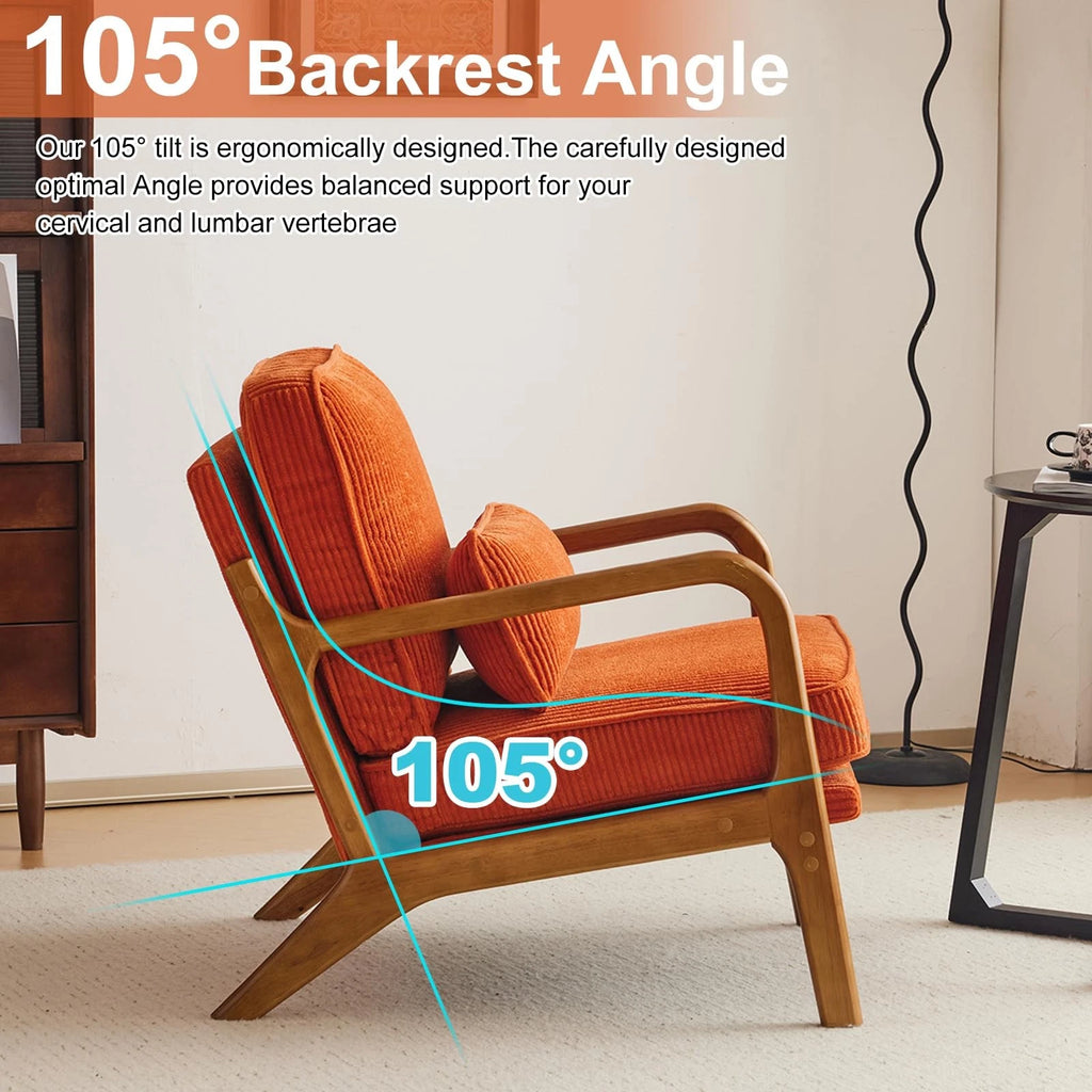 Mid-Century Modern Accent Chair – Corduroy Upholstered Lounge Chair with Curved Wood Arms, Includes Back Pillow,