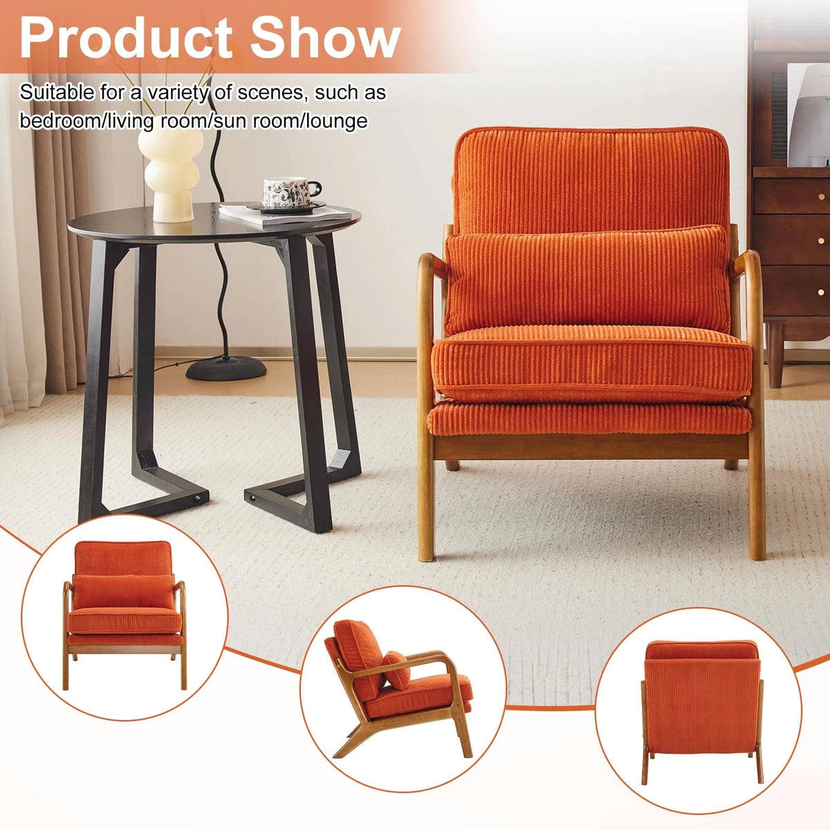 Mid-Century Modern Accent Chair – Corduroy Upholstered Lounge Chair with Curved Wood Arms, Includes Back Pillow,