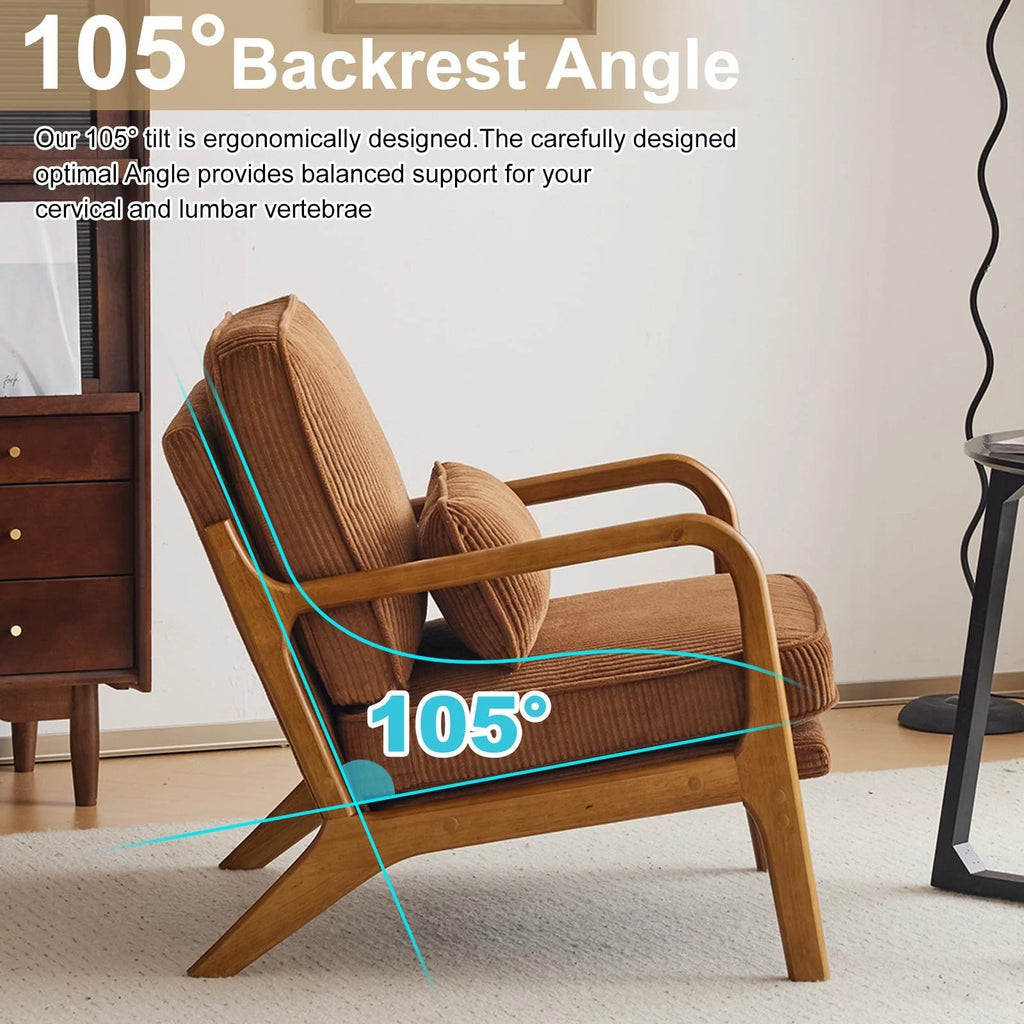 Mid-Century Modern Accent Chair – Corduroy Upholstered Lounge Chair with Curved Wood Arms, Includes Back Pillow,