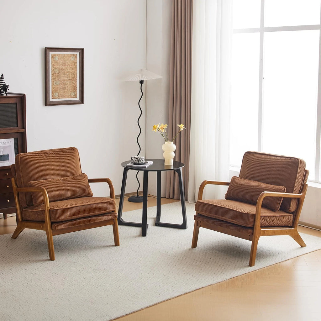 Mid-Century Modern Accent Chair – Corduroy Upholstered Lounge Chair with Curved Wood Arms, Includes Back Pillow,