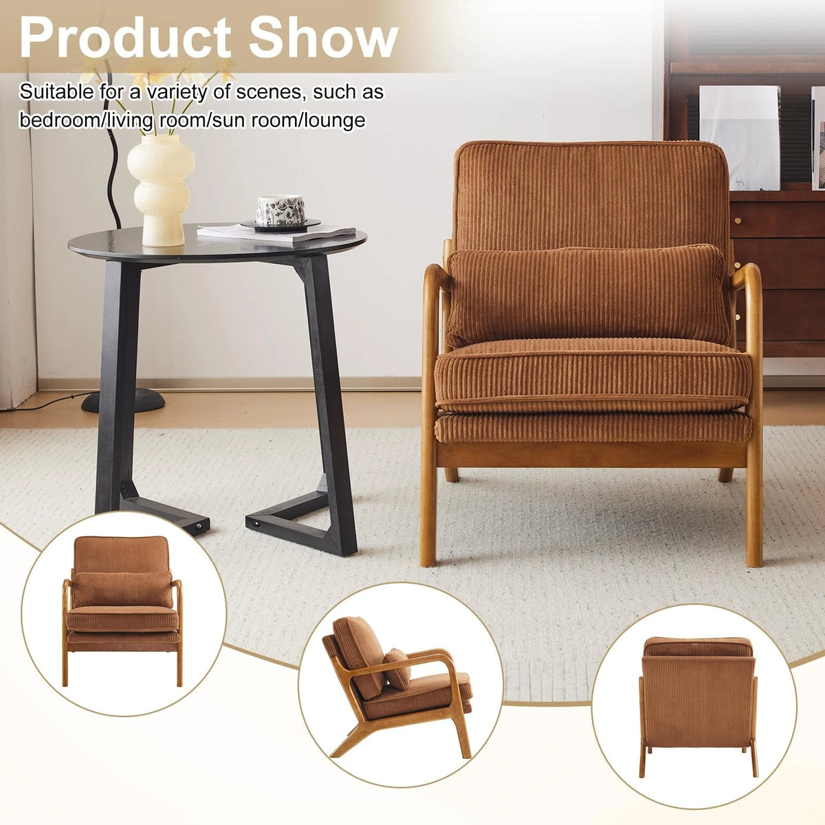Mid-Century Modern Accent Chair – Corduroy Upholstered Lounge Chair with Curved Wood Arms, Includes Back Pillow,