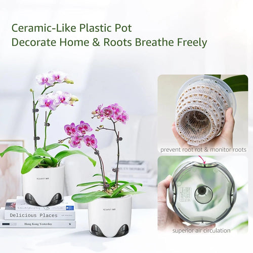 5" Orchid Pot with Drainage Holes - Double Layer Plastic Planter, Ceramic-Look Design