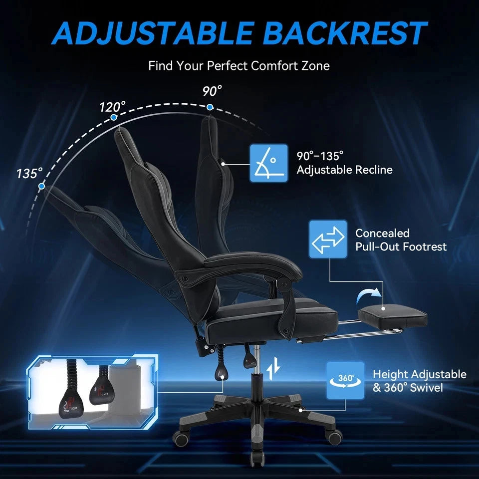 Ergonomic Gaming Office Chair, Reclining w/ Footrest, Headrest & Lumbar Pillow