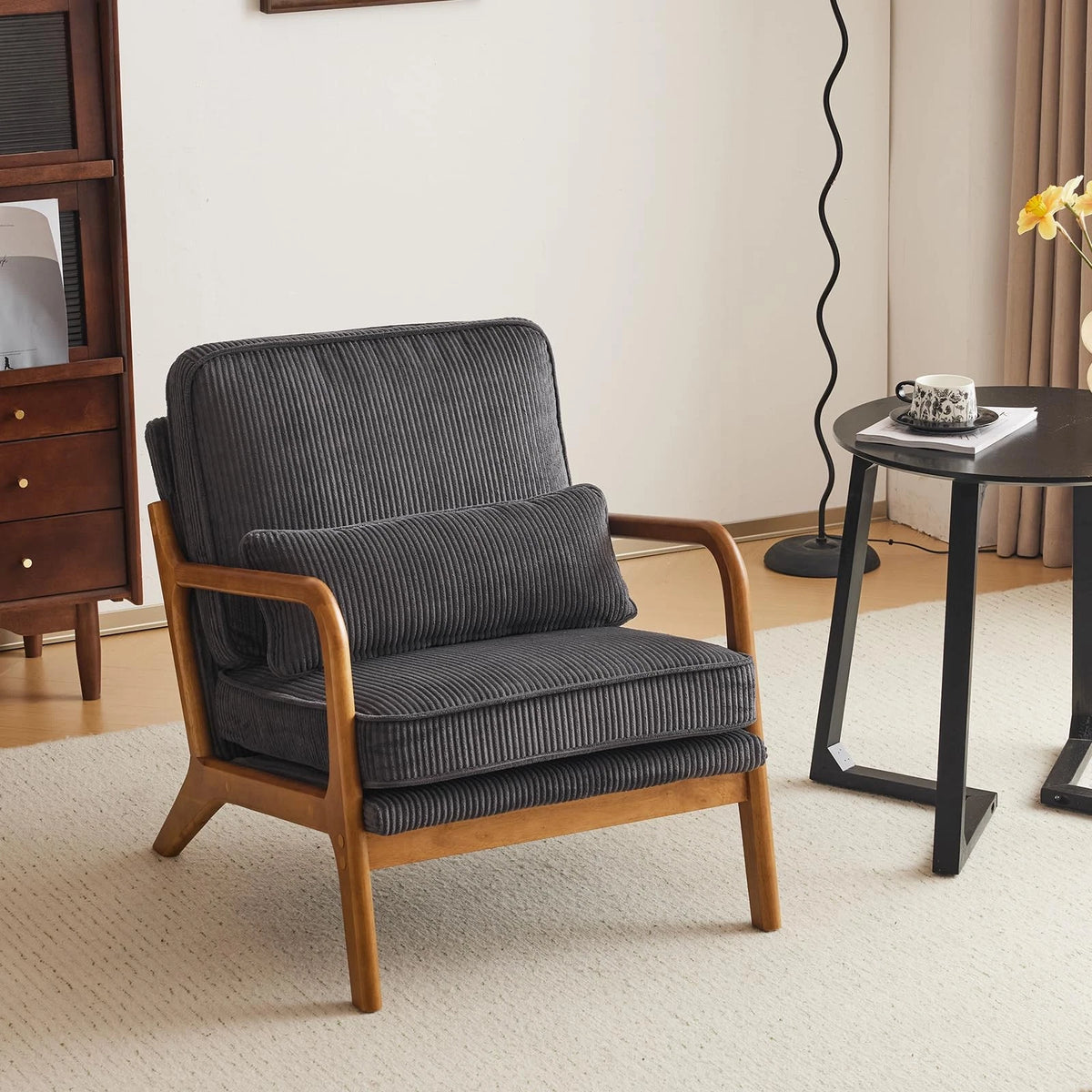 Mid-Century Modern Accent Chair – Corduroy Upholstered Lounge Chair with Curved Wood Arms, Includes Back Pillow,