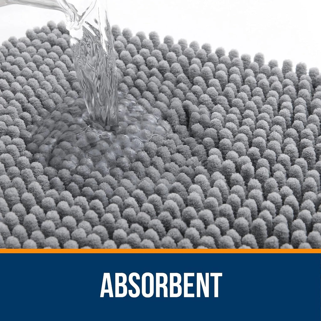 Chenille Bath Mat 30" x 20" Grey Non-Slip Absorbent Fluffy Bathroom Rug