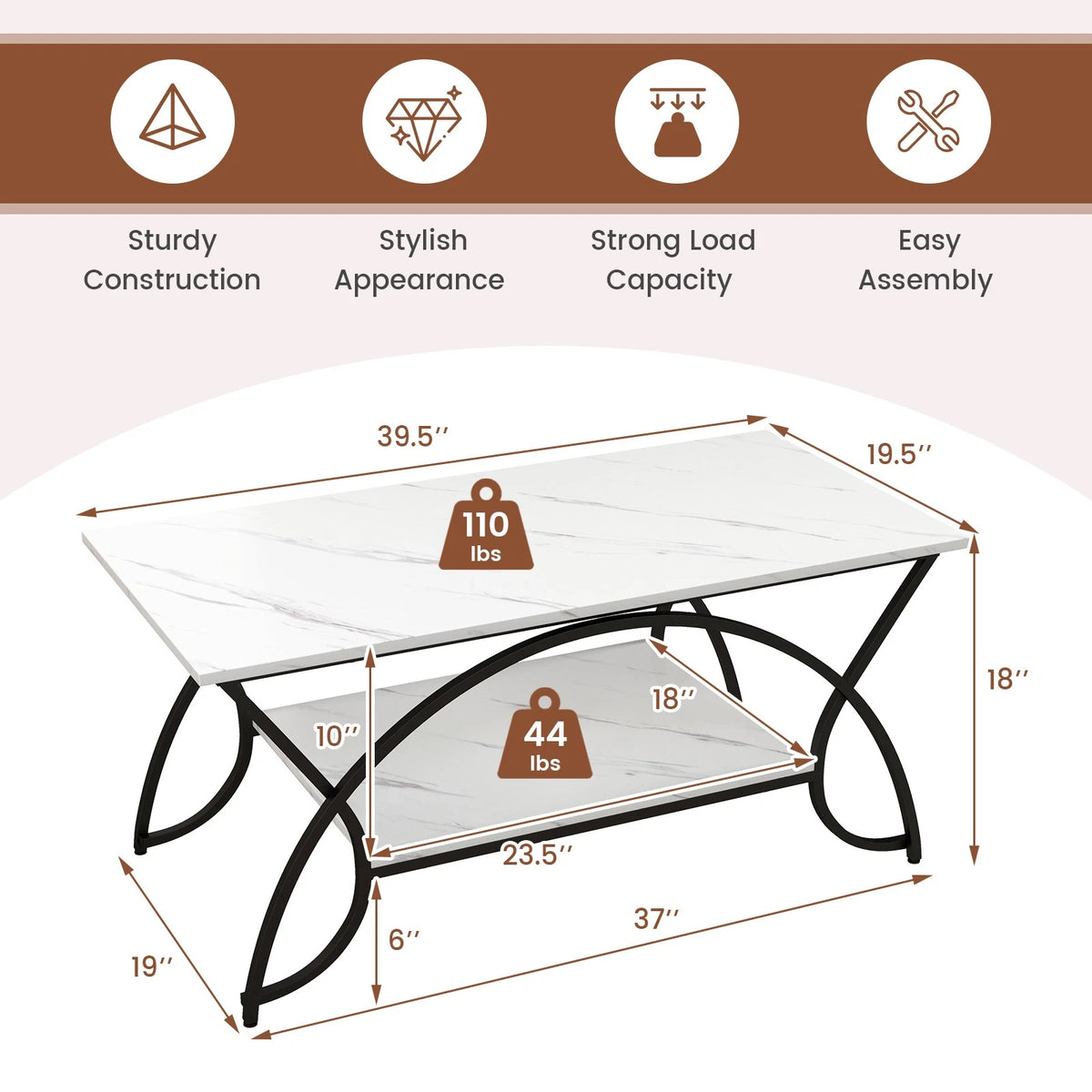 2-Tier Industrial Coffee Table – Rectangular Cocktail Table with Storage Shelf, White