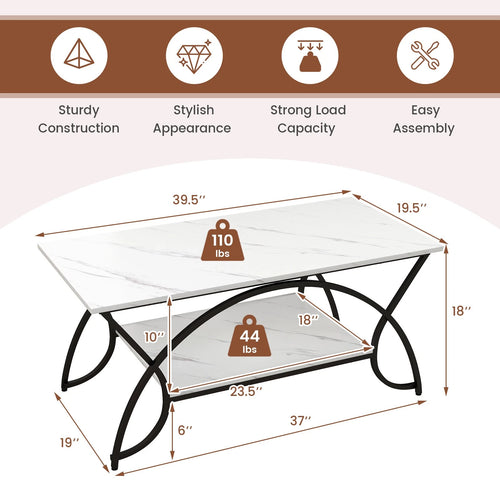 2-Tier Industrial Coffee Table – Rectangular Cocktail Table with Storage Shelf, White