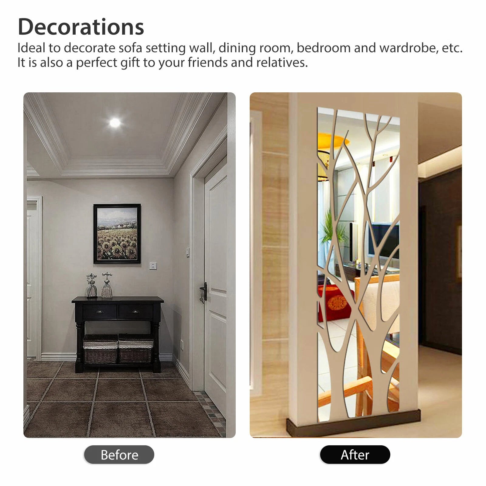 Modern Mirrored Tree Wall Sticker Silver Acrylic DIY Decor