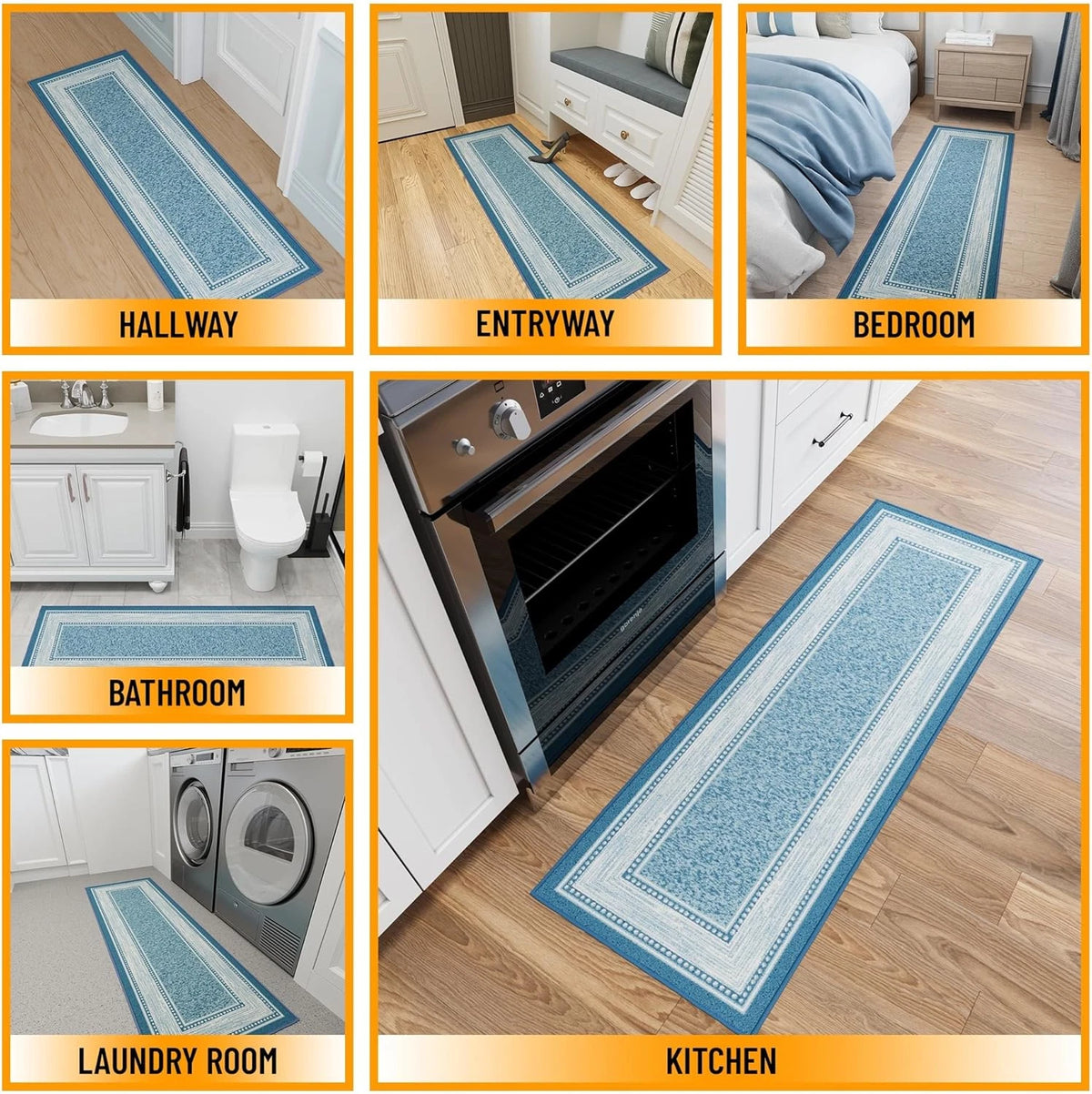 Kitchen Runner Rug 20" x 59" Non-Slip Border Blue Nylon Low Pile Hallway Runner
