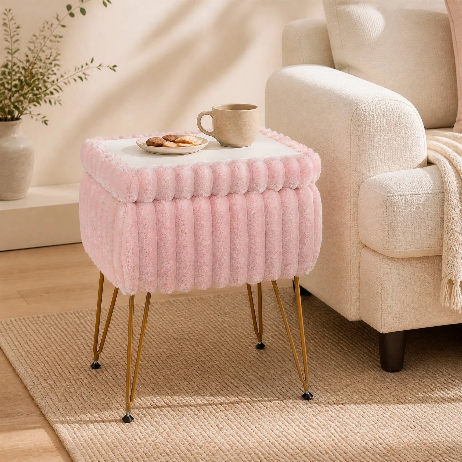Pink & Gold Vanity Stool with Storage – Plush Seat, Reversible Lid