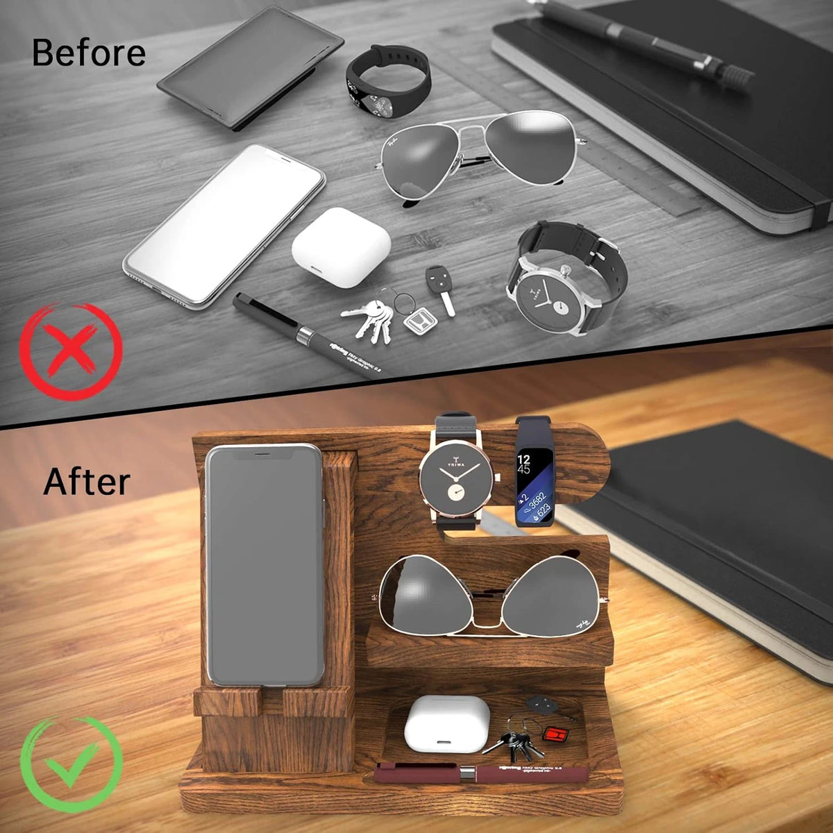 Wooden Phone Docking Station Nightstand Organizer for Men with Phone Holder, Wallet, Keys & Watch Storage, Rustic Bedside Desk Organizer