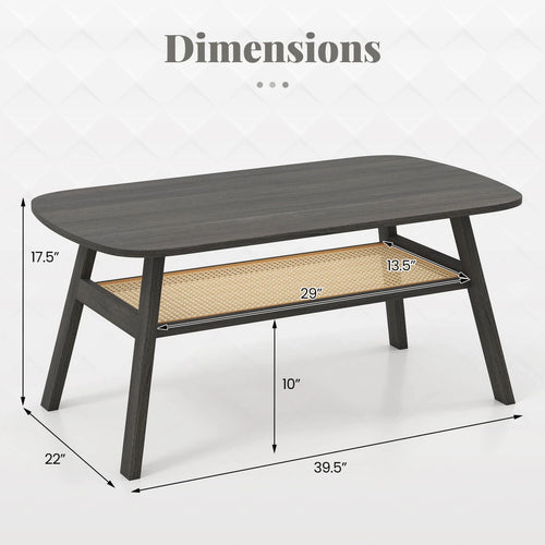 39.5" Farmhouse Coffee Table with Storage Shelf – Rattan & Wood