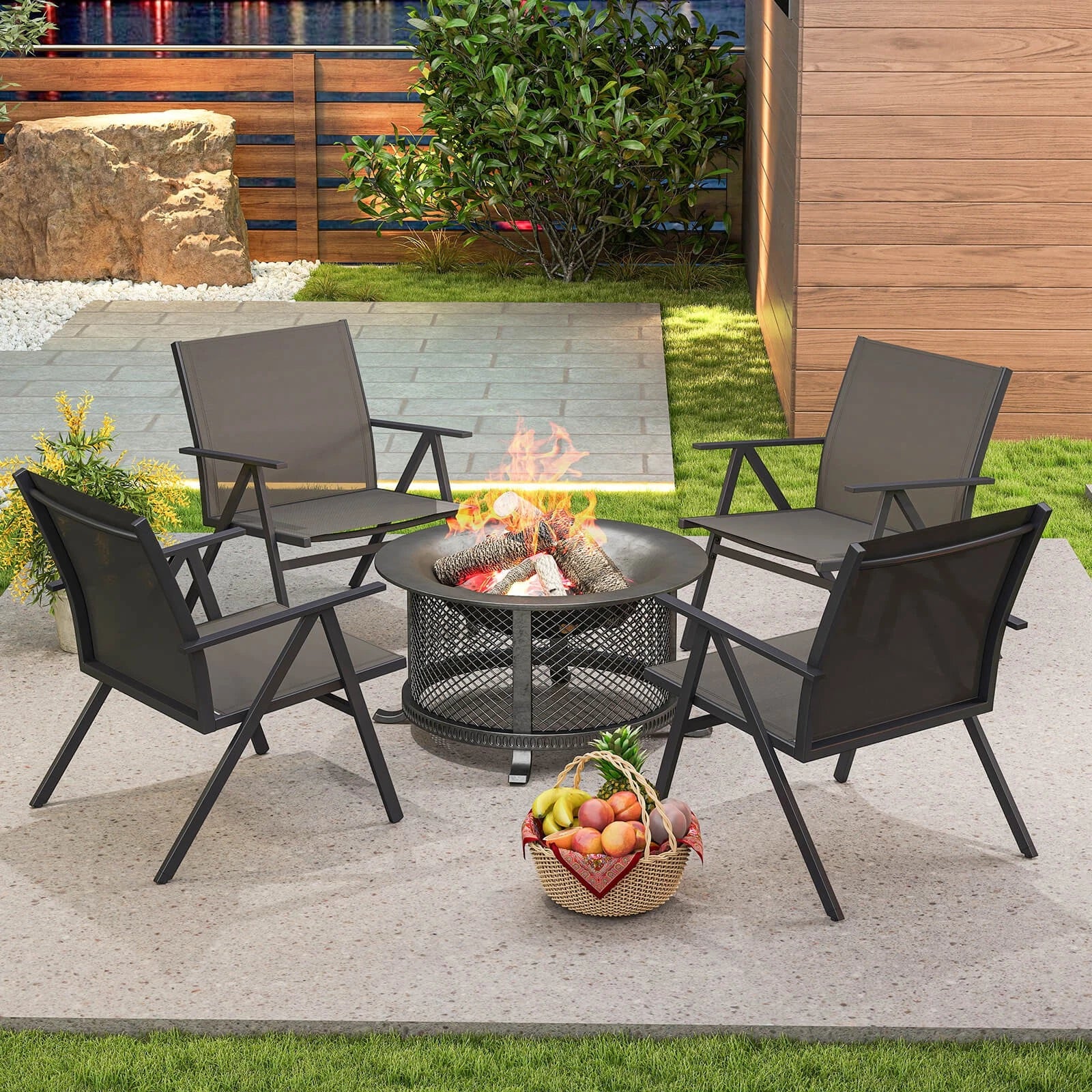 Metal Patio Chairs Set of 2 – Breathable Mesh, Reclined Backrest, Gray