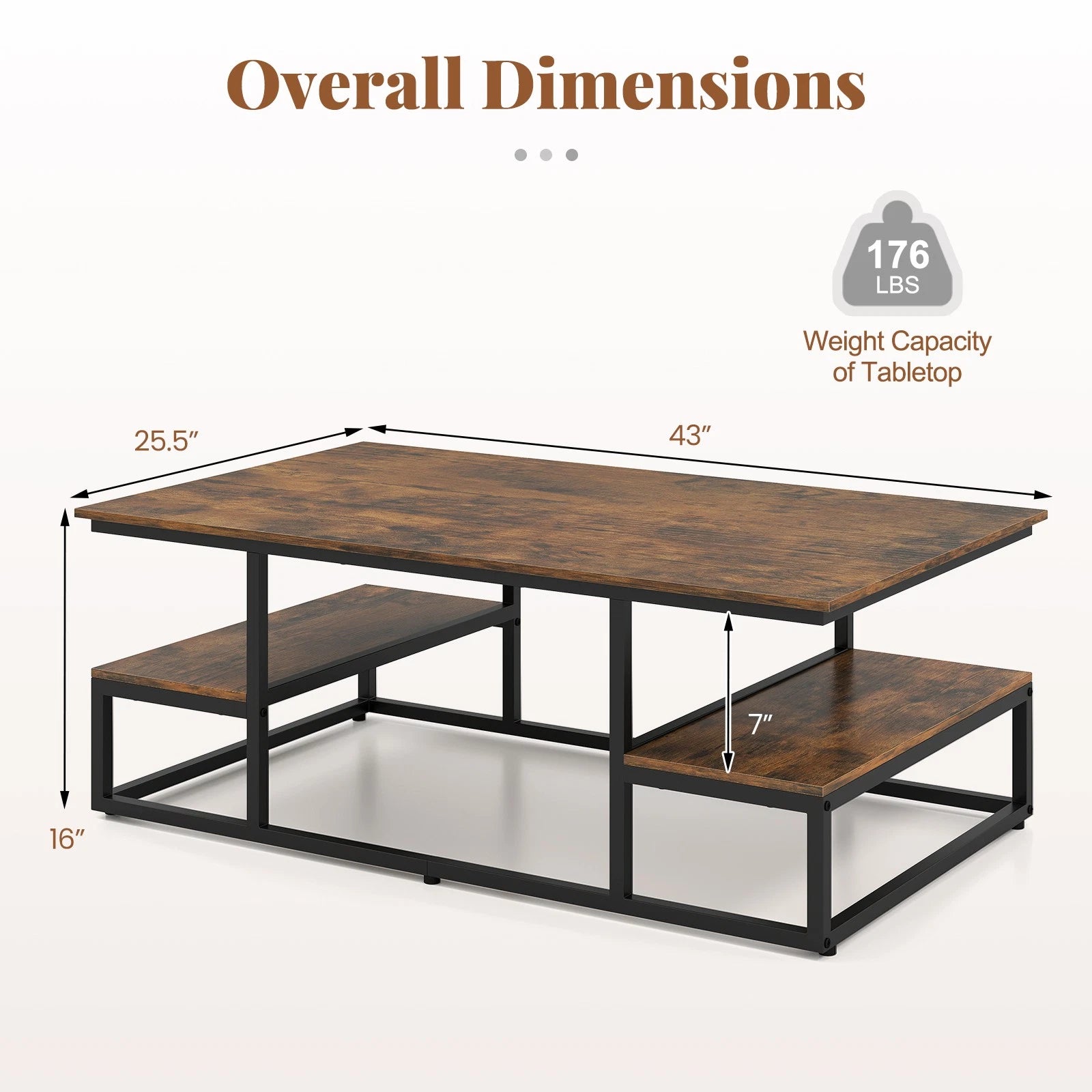 Rustic Coffee Table with Storage Shelves – Modern Rectangular Center Table