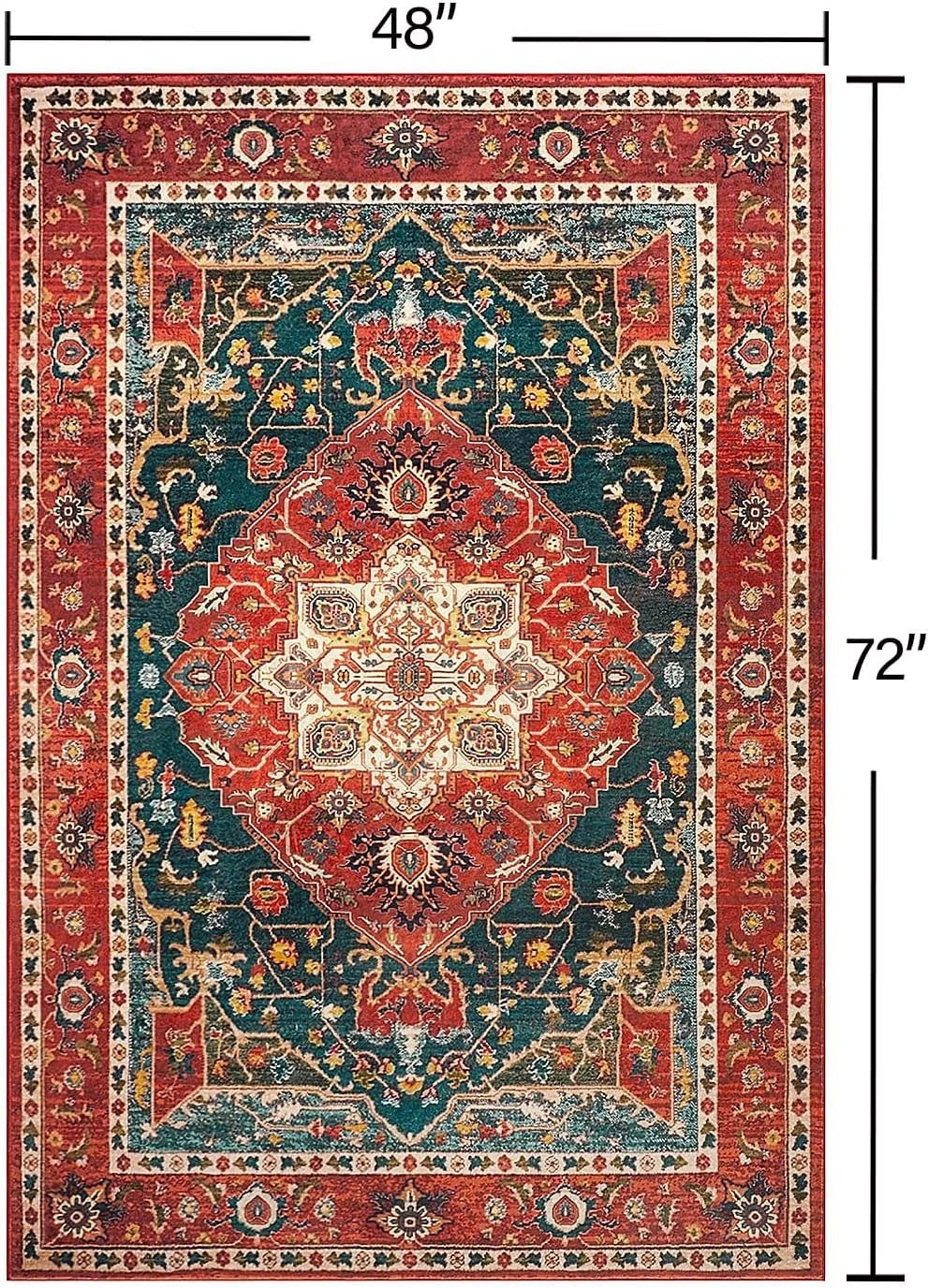 Vintage Medallion Area Rug 4x6 – Machine Washable Non-Slip Floral Living Room Rug, Soft Faux Wool
