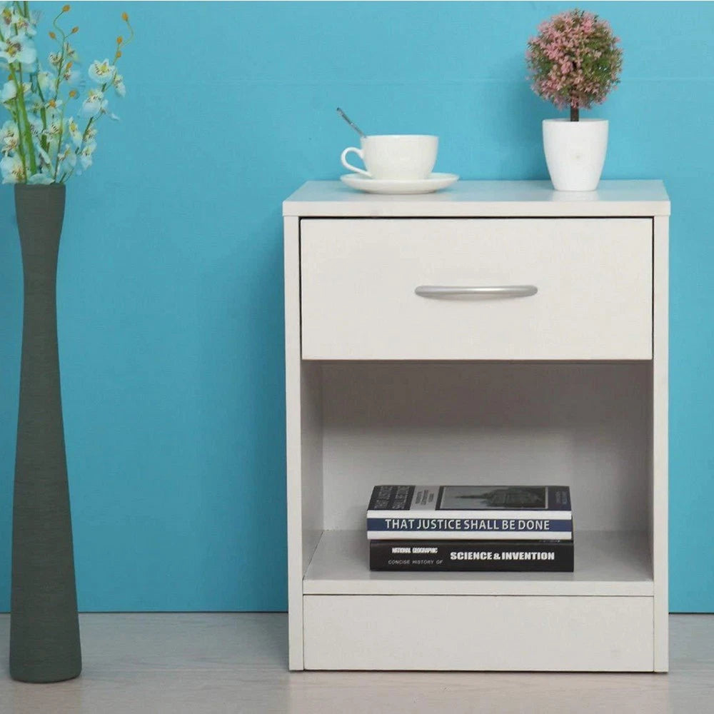 Set of 2 Modern White Nightstands – Bedside End Tables with Drawer & Open Shelf Storage