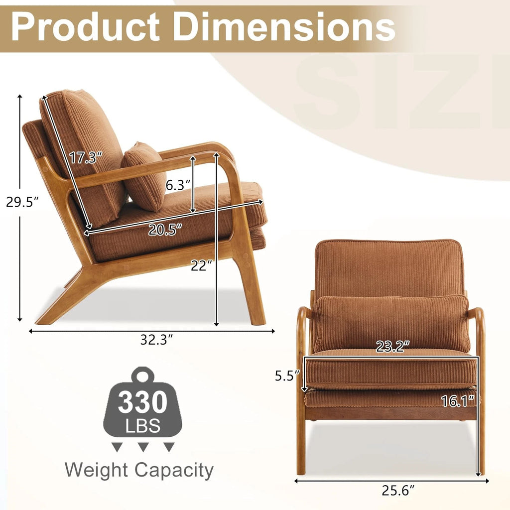 Mid-Century Modern Accent Chair – Corduroy Upholstered Lounge Chair with Curved Wood Arms, Includes Back Pillow,