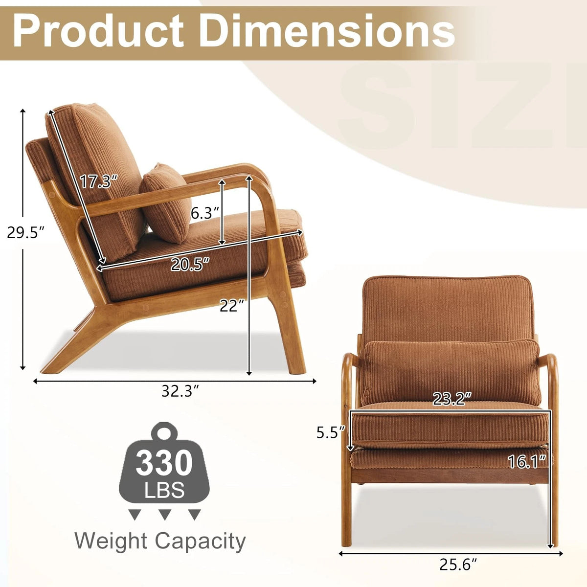 Mid-Century Modern Accent Chair – Corduroy Upholstered Lounge Chair with Curved Wood Arms, Includes Back Pillow,