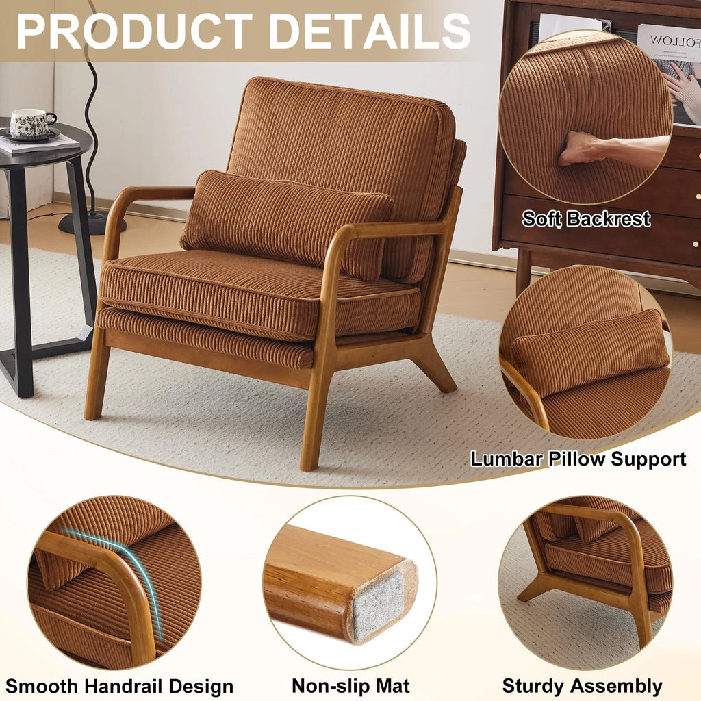 Mid-Century Modern Accent Chair – Corduroy Upholstered Lounge Chair with Curved Wood Arms, Includes Back Pillow,