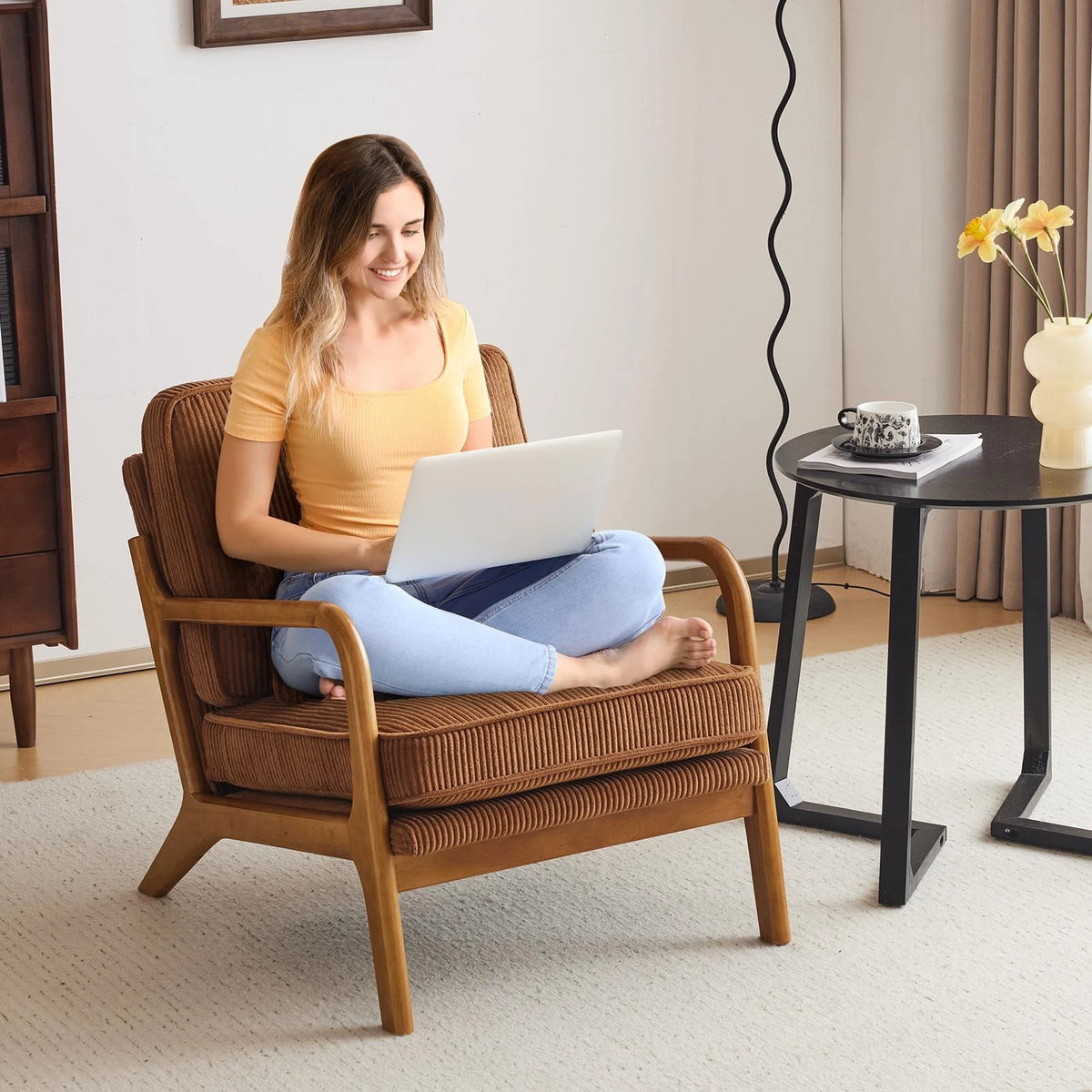 Mid-Century Modern Accent Chair – Corduroy Upholstered Lounge Chair with Curved Wood Arms, Includes Back Pillow,