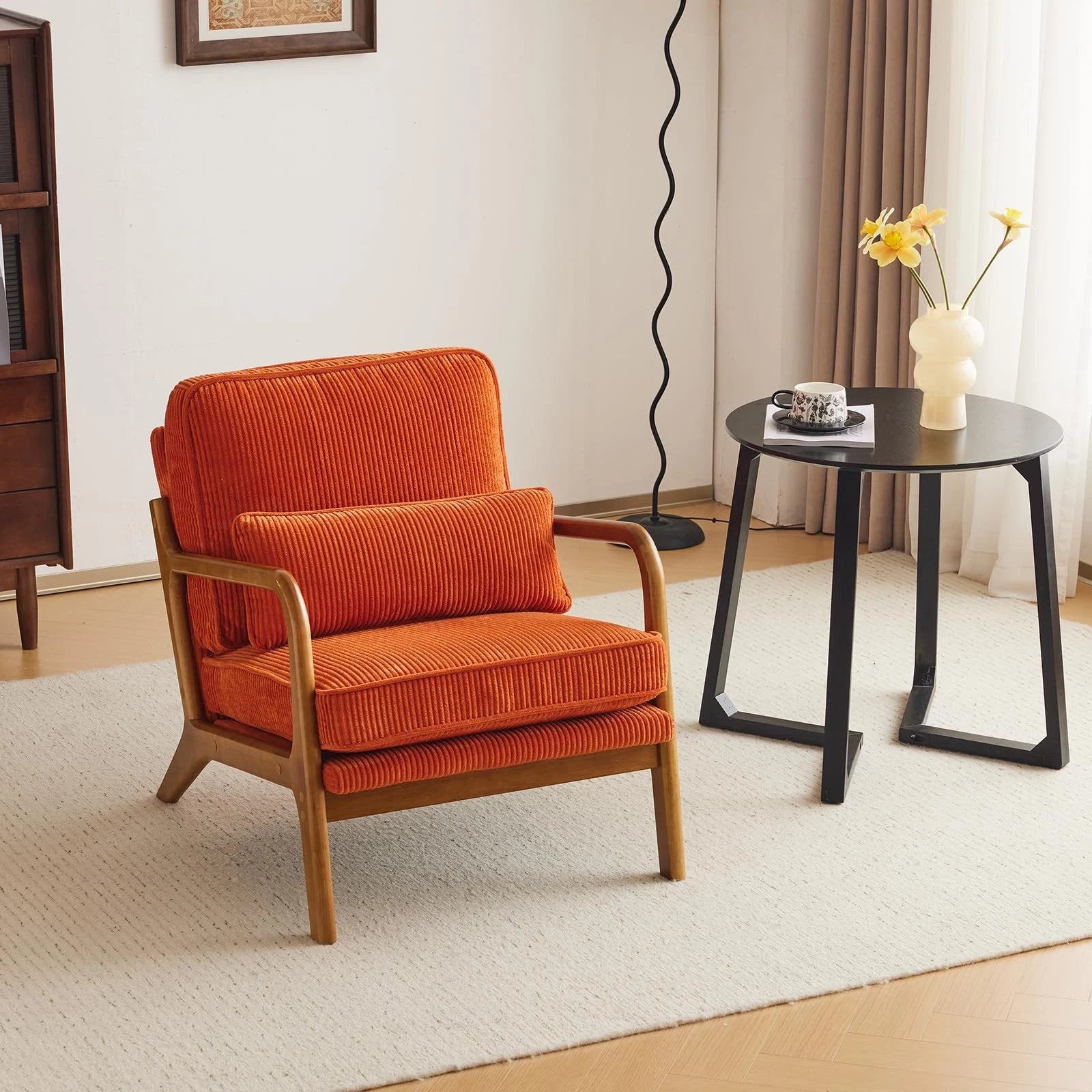 Mid-Century Modern Accent Chair – Corduroy Upholstered Lounge Chair with Curved Wood Arms, Includes Back Pillow,