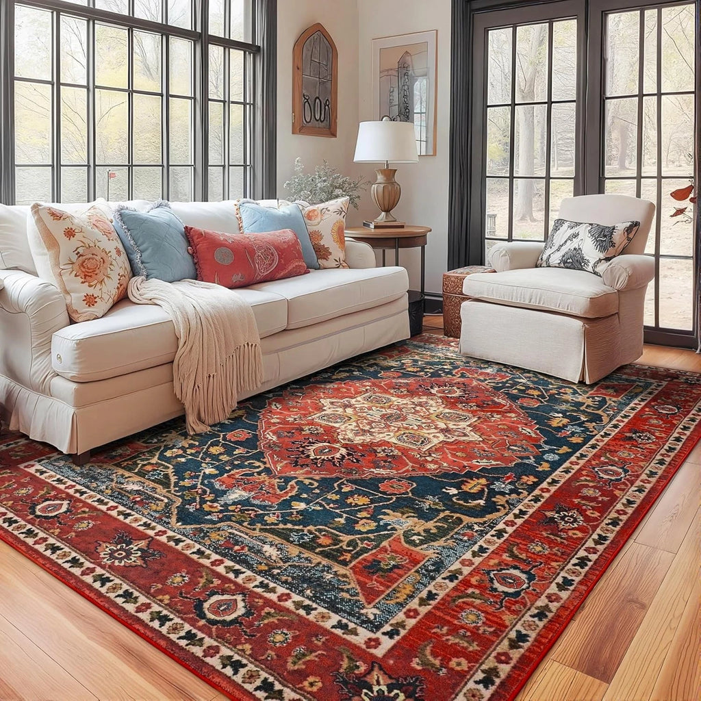 Vintage Medallion Area Rug 4x6 – Machine Washable Non-Slip Floral Living Room Rug, Soft Faux Wool