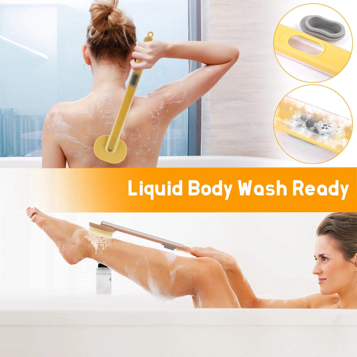 Back Scrubber Long Handle Bath Brush Liquid Soap Dispenser Body Exfoliator